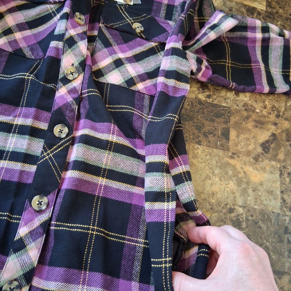 Cato Purple&Black Plaid Button Down Flanel With Front & Side Pockets 100% Cotton - Picture 7 of 15